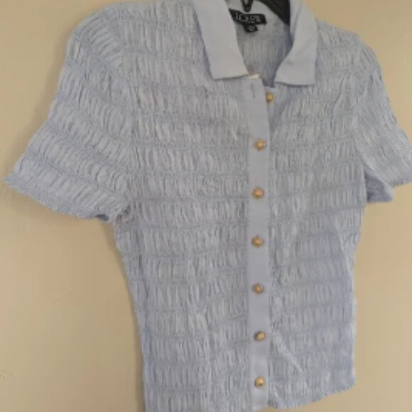 NWT! J. Crew Smocked Button-up Shirt, Cotton Blend Voile, Peri Breeze (SIZE XS) - Picture 7 of 9